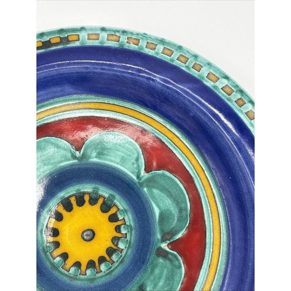 DeSimone Italy Art Ceramic Plate Signed Colorful Pottery Blue Red Flower 10 Inch
